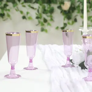 12-Pack Plastic Champagne Flutes Transparent Purple with Gold Rim - Stylish Disposable Cocktail Glasses for Parties 5oz 6"