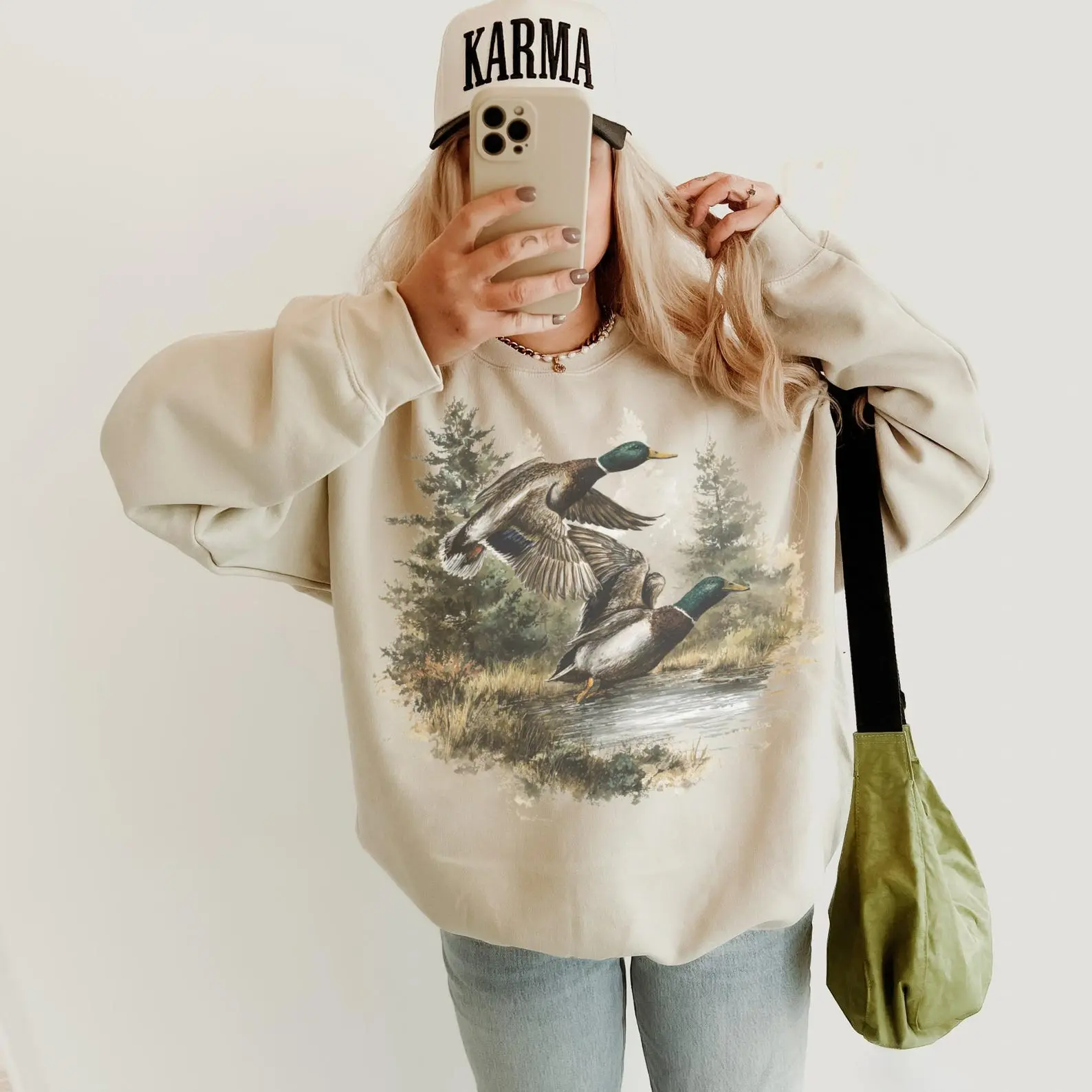 Women's Vintage Mallard Duck Camo Checkered 90s Western Round Neck Longsleeve Hoodie - Spandex Casual Fit Outdoors Sweatshirt, Country Hunting Season Gift Shirt, Longsleeves, Loose, Vintage 90S Clothes, Mama, Baggy, Tops, Plaid, Digital Print, Vintage Gru