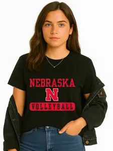 Women's Solid Nebraska Volleyball Print Black Round Neck Shortsleeve T-Shirt - USA-Made Cotton, Minimalist Breathable Fabric, Oversized Comfortable Plus Size Casual Everyday Tee