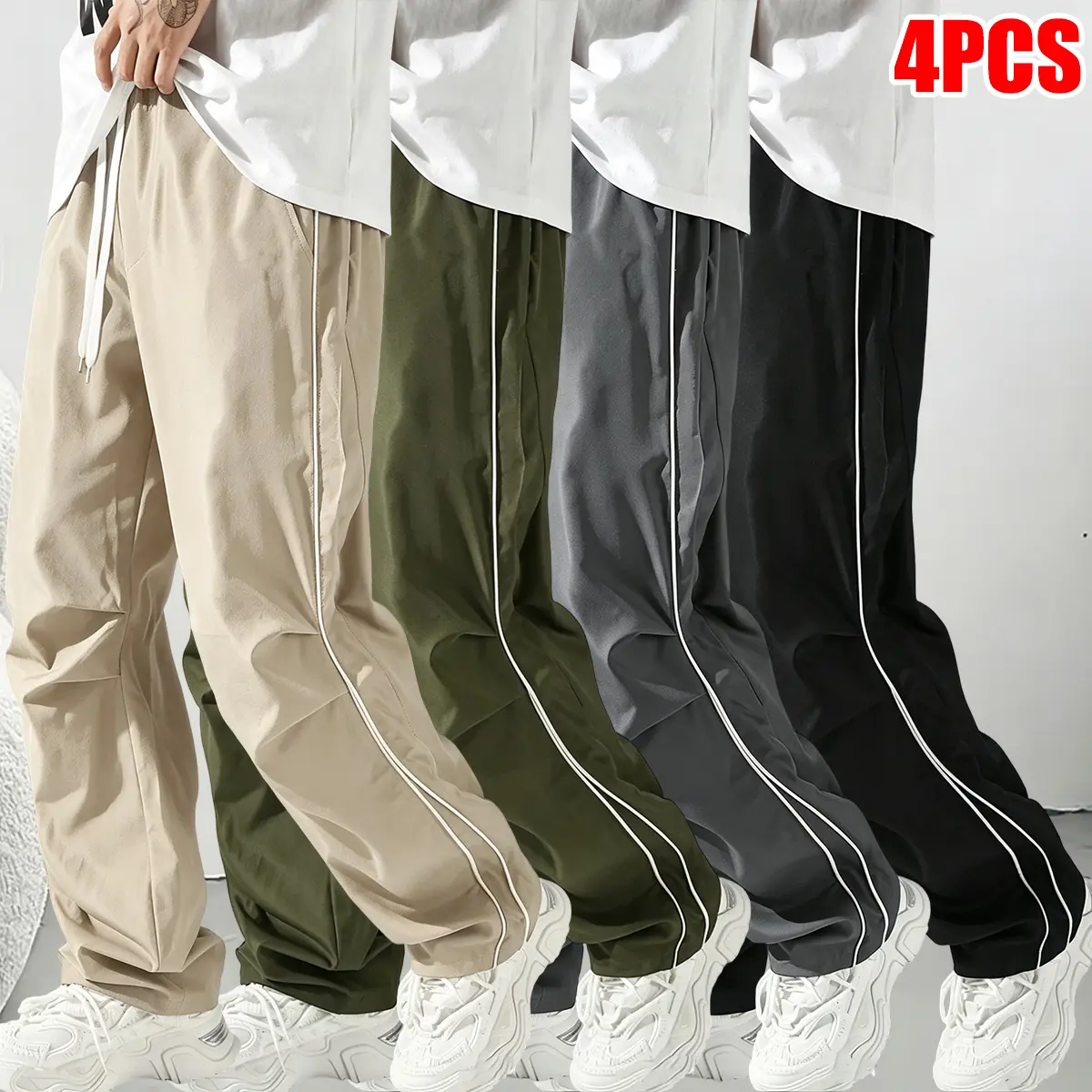 Comfortable, loose casual pants with a defined line feel—4-piece value set. Baggy Wide Leg Sweatpants,Men’s lightweight straight-leg pants in American street style, offering urban and outdoor fun looks, plus men’s athletic drawstring long pants.