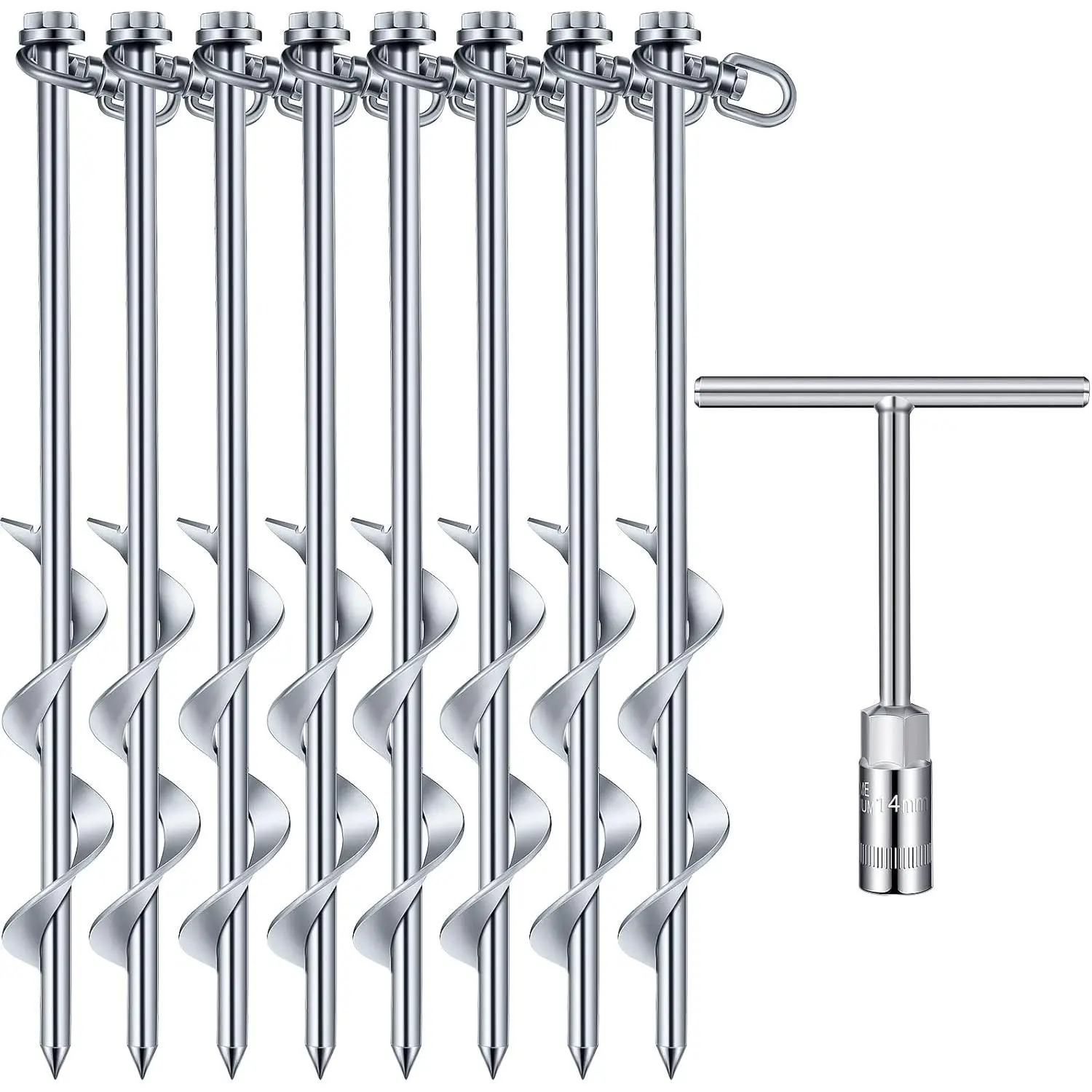8-Pack Heavy-Duty Ground Anchors, 12-Inch Screw-In Metal Stakes with Pointed Tip for Outdoor Anchoring - Camping Supplies for a Secure Hold, Includes Tool for Tents, Canopies & Swing Sets, Camping Equipment, Campground Gear, Durable
