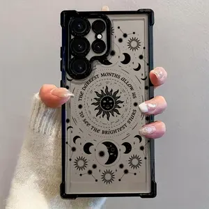 Cute Sun And Moon Black Pattern Phone Case Compatible with Samsung Galaxy S25 S24 S23 S22 S21 FE Ultra Plus 4G 5G, Shockproof Transparent Soft Back Cover. Cellphone Protection