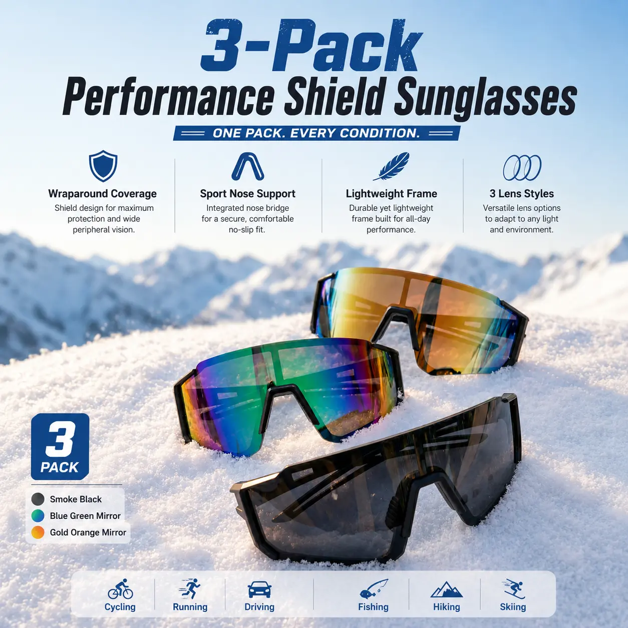 FEICE Biker Style Men's Sunglasses - 3-Pairs Combination Package, Unisex 1-Piece Wrap-Around UV400 Polarized Mirrored TAC Lens Lightweight Sunglasses for Cycling, Daily Outings