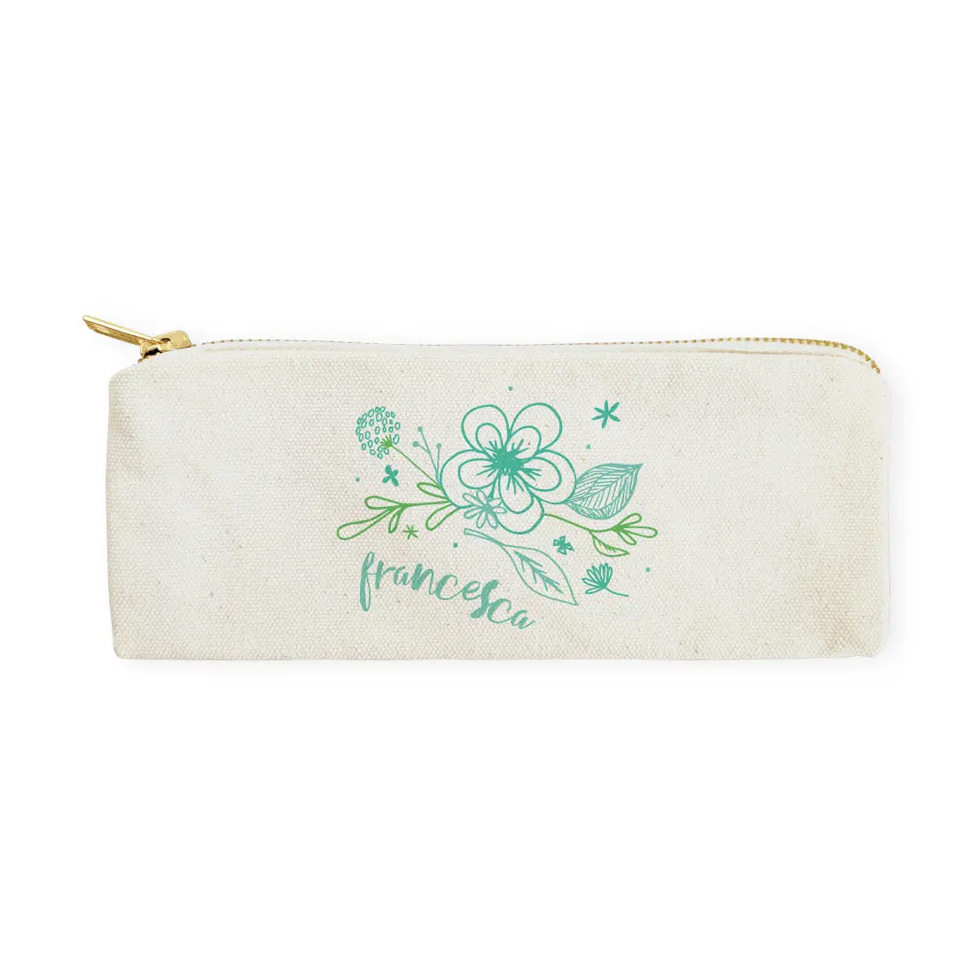 Personalized Name Aqua Floral Cotton Canvas Pencil Case and Travel Pouch