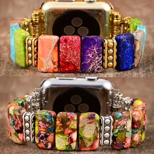 Colorful Natural Stone Bracelet Beaded-Bands Compatibe with Apple Watch Series 9 8 7 6 5 4 3 2 1, Feminine Cute Handmade Elastic Stretch Beaded Strap for iWatch Bands 38mm 40mm 41mm 42mm 44mm 45mm 49mm apple watch bands for women