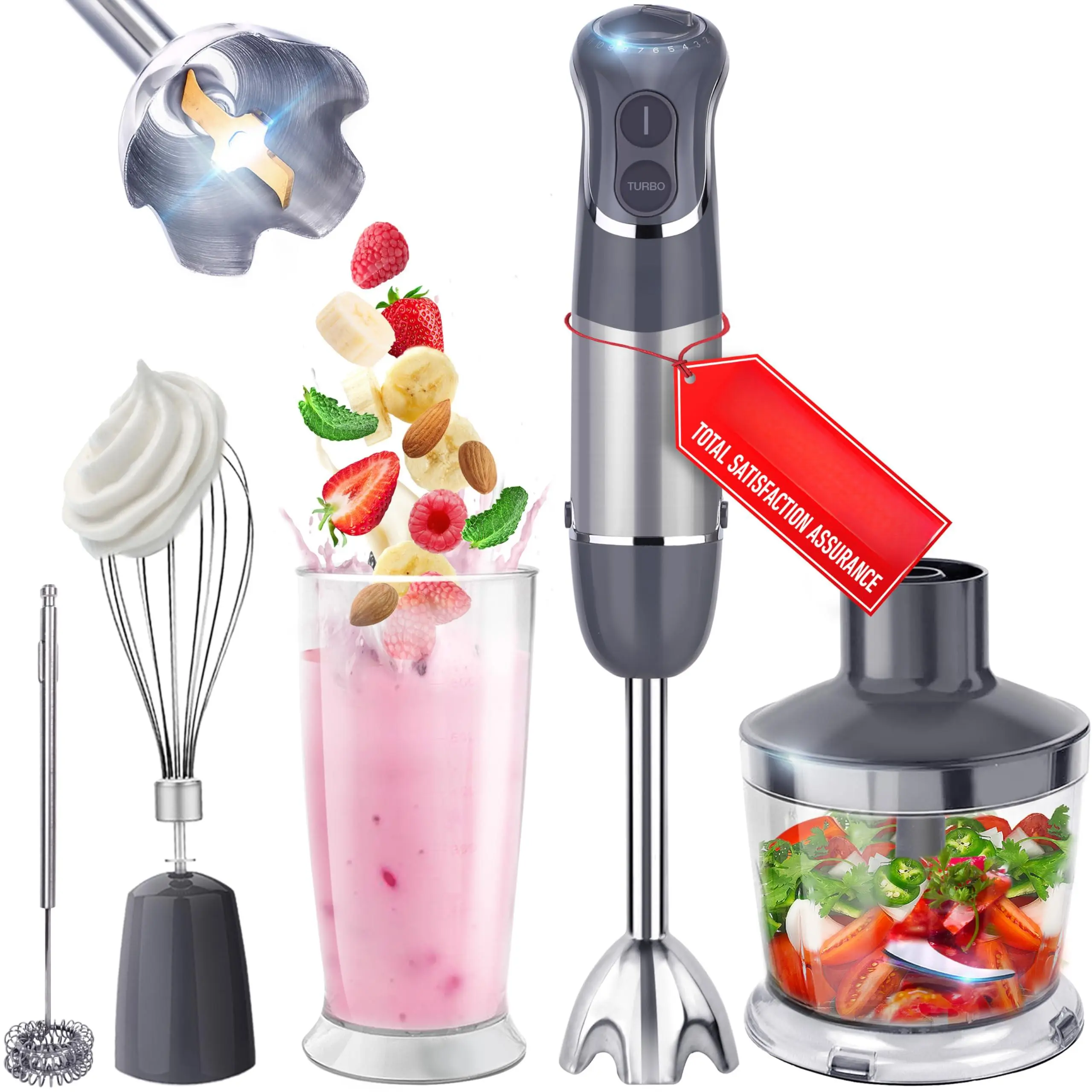 Multistick 5-in-1 Immersion Blender Handheld  12 Speed Hand Mixer - Turbo Boost Heaviest Duty Copper Titanium Milk Frother Wand Whisk Beaker Grey