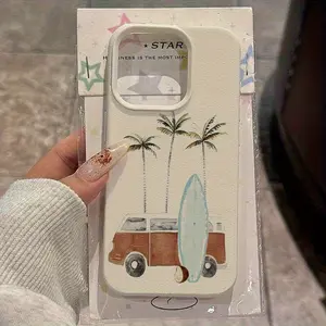 Vacation palm tree surfboard patterned TPU phone case, stylish shockproof design, compatible with iPhone 17/16/15/14/13/12/11/X/XS/XS Max, fresh and simple style, a gift for friends, family, and yourself.