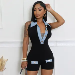 Women's summer halter jumpsuit, fashionable and individual polo neck design sense, niche denim color contrast for slimming, off-the-shoulder sexy halter and sexy shorts, women's wear