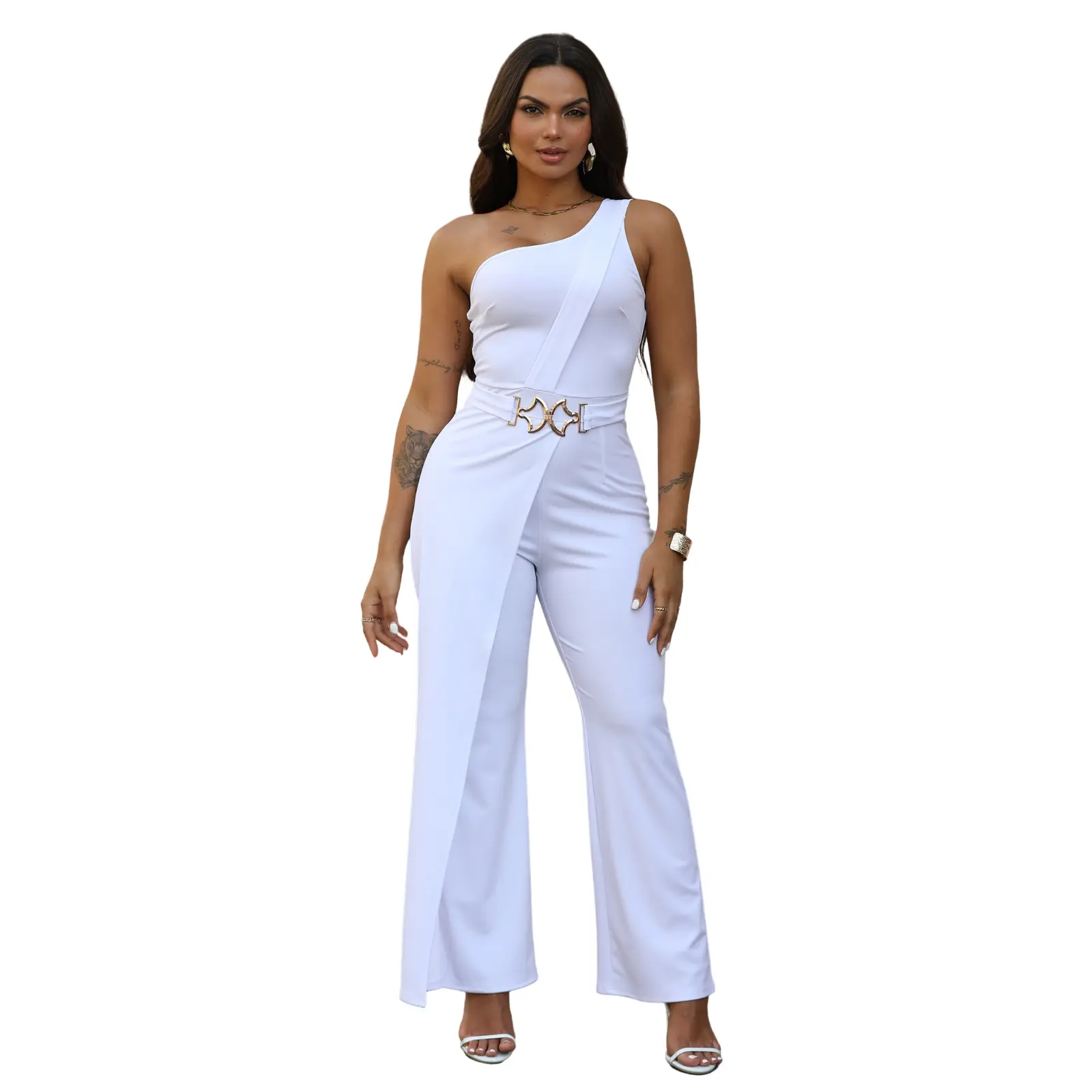 Acelyn Jumpuit One Off Shoulder Jumpsuit for Women Sexy Dressy Sleeveless Belted Wide Leg Jumpsuit Elegant Party Outfit Backless Buckle