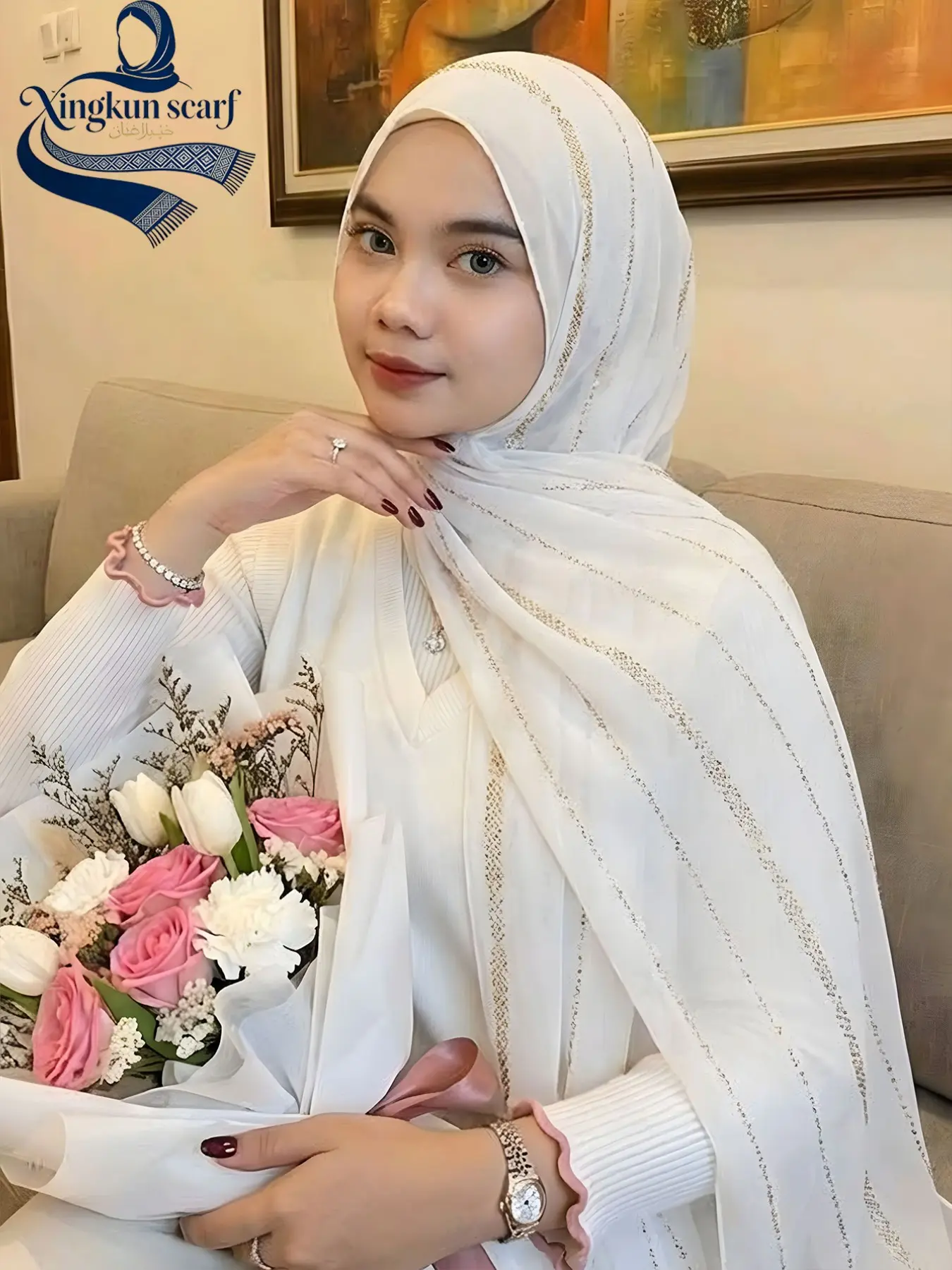 Women's Elegant Chiffon Hijab Tignon Scarf with Rhinestones, Plain Color Chains Headscarf, Breathable Long Shawl for All Seasons