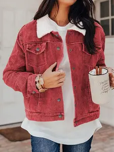 Fiery Red Corduroy Sherpa Snap Button Flap Jacket