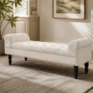 ARCH Button-Tufted Upholstered Ottoman Bench with Rolled Arms, Large Fabric Foot Rest Stool for Bedroom Living Room Entryway, Multiple Color Options, Beige/Dusty Teal/Pink, 57.5x20x20.5 Inches, Beige/Dusty Teal/Pink Color Options, Fabric Material