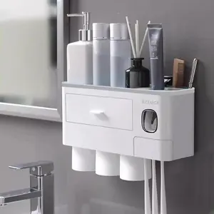 2-4 Cup Toothbrush Holders for Bathrooms - Wall Mounted with Toothpaste Dispenser - CosmeticDrawe, Large Capacity Tray & Bathroom Accessories Bottles Home Goods Organizer Organizing Toothbrush Storage