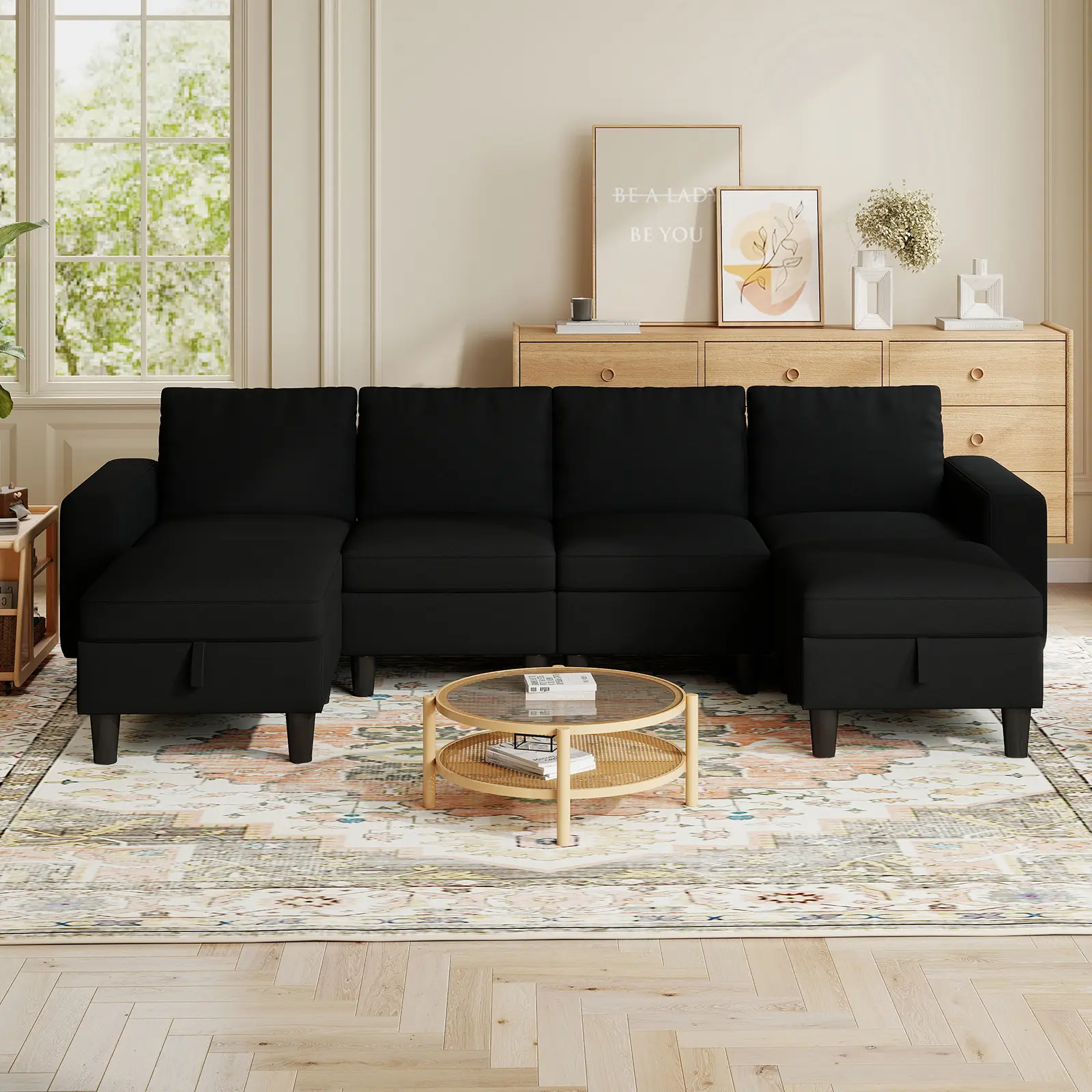 110" U-Shaped Modular 188 Linen-Blend Fabric Comfortable 6-Seater Sectional Sofa with 2 Movable Ottomans, Living Room Couch, 3 Packages Shipping，Beige / Blue / Dark Gray, Deep Seat Design + Foldable Backrest, Comfortable & Stylish Design,sohochic