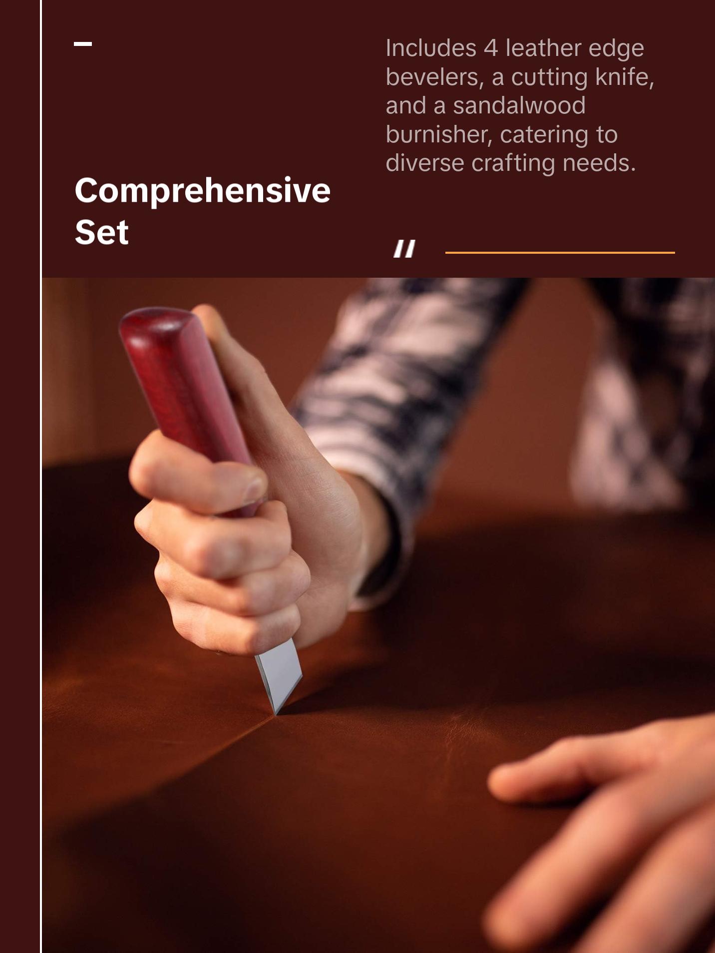 6 Pcs Leather Knife Set, Including 4 Leather Edge Bevelers, Leather Cutting Knife Skiving Knife, Sandalwood Edge Leather Burnisher Tool for DIY Leather Craft,1.5 mm 1.2 mm 1.0 mm 0.8 mm