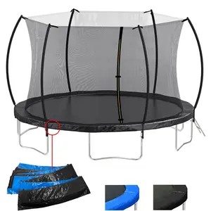 14FT Arc‑Shaped Trampoline with Enclosure Net, Heavy‑Duty Galvanized Steel Frame 72 Springs, Curved Poles Double‑Sided Safety Pad 2‑Step Ladder for Kids Outdoor Backyard Play