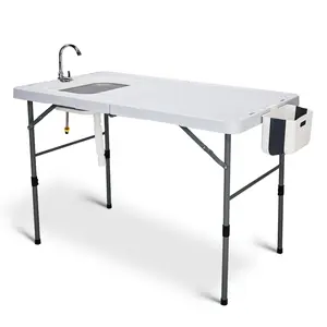50" Folding Fish Cleaning Table with Sink, Bi-Folding Portable Camping Sink Station with Drain Hose, Trash Can, Foldable Outdoor Sink for Camping, Fishing, BBQ