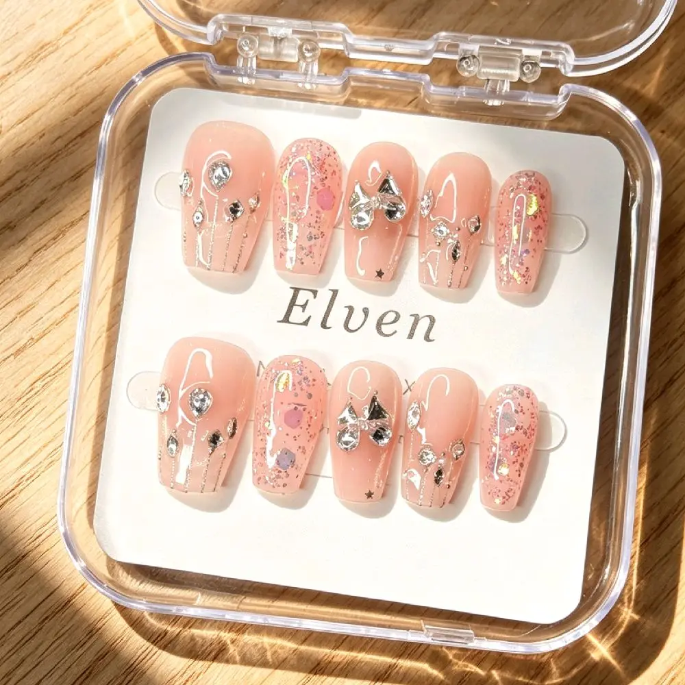 Handmade Nude Pink Sheer Press On Nails With Colorful Glitter Flakes, Silver Butterfly & Multi‑Shape Rhinestone Accents, Short Coffin Reusable Fake Nails For Girly Party Wear