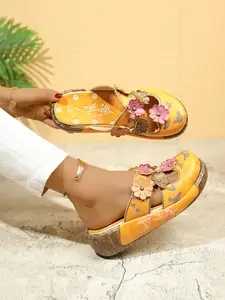 Ethnic Embroidered Floral Slippers, Thick Sole Anti-Slip Sandals, Comfortable Outdoor Slip-On Mules for Women, Spring & Fall Fashion