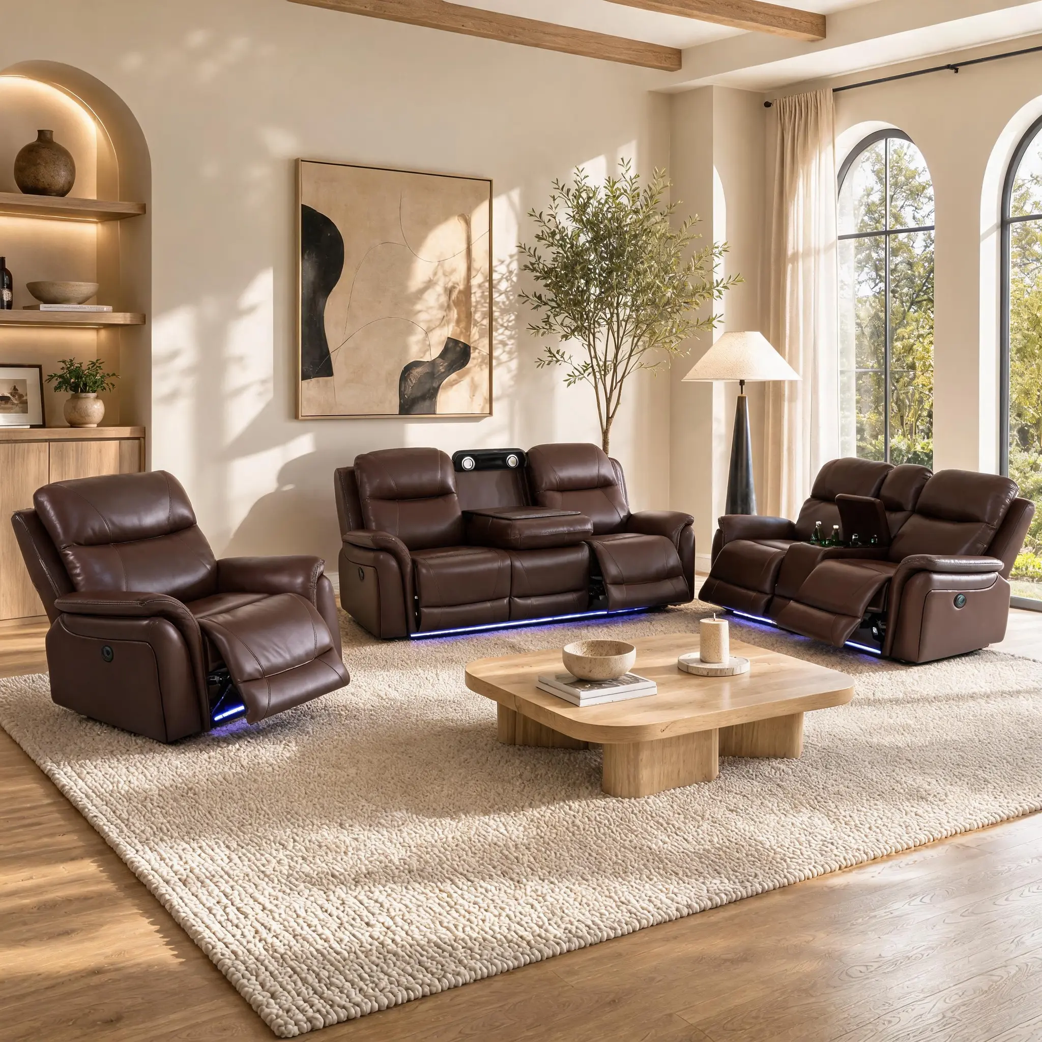 A AINEHOME Reddish Brown Breathing Leather 3-Piece Living Room Recliner Sofa Set for Comfort and Style