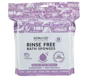 Scrubzz Lavender Rinse Free 50pc Bath Sponges for Travel & Camping - No-Rinse Soap & Shampoo - Single Use - 8"x8" - Pressman Toys