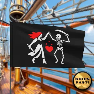 Blackbeard Pirate Flag: Dancing Skeleton, Heart - Historical Decor