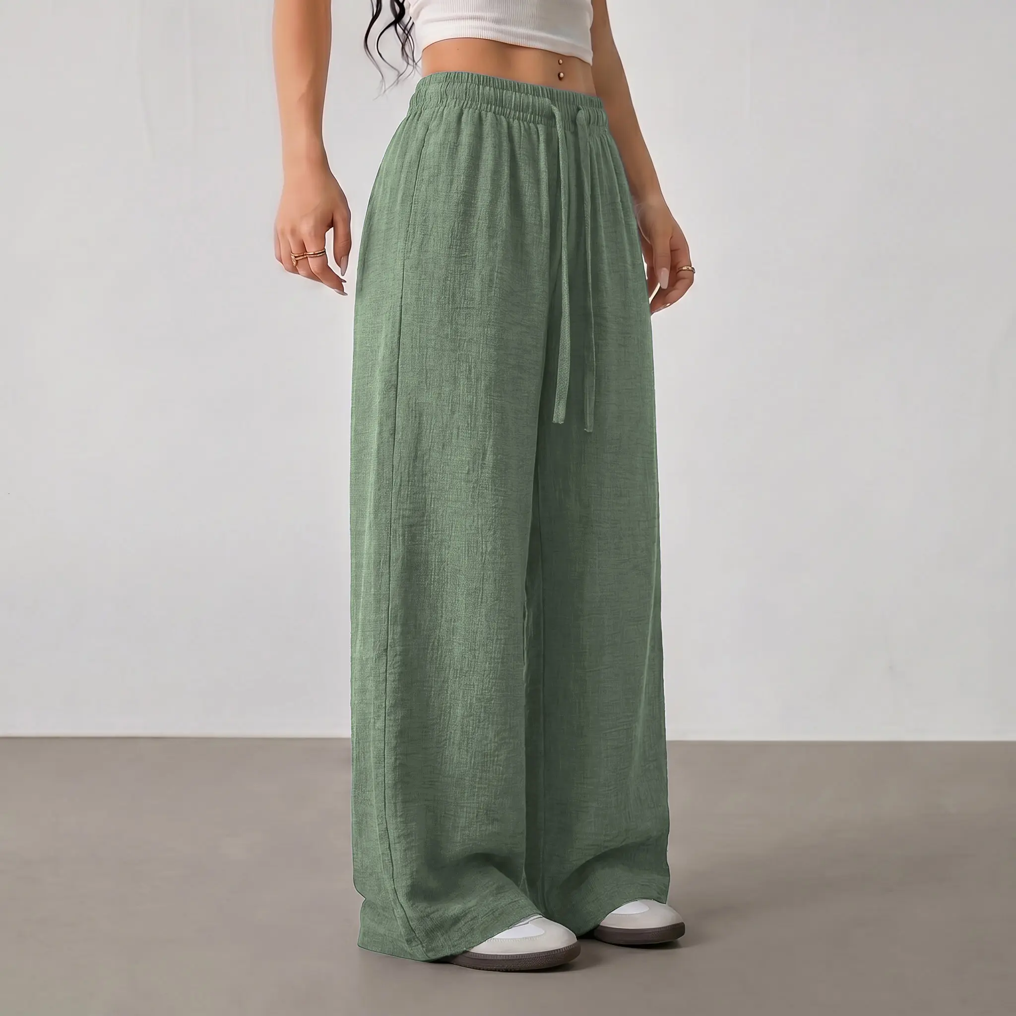 Women’s summer breathable versatile casual pants, lightweight long pants for couples, minimalist solid color, everyday loose fashion trousers, suitable for vacations and daily wear, 100% polyester material