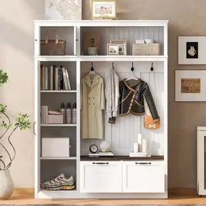 ARCH 3-in-1 Hall Tree with Overhead Storage Cabinet, 3 Adjustable Side Shelves, 4 Heavy-Duty Hooks, 2 Spacious Drawers, Grooved Back Panel Design, Contrasting Seat Bench, Multifunctional Entryway Organizer, Apartment Stuff, Cozy Apartment Aesthetic