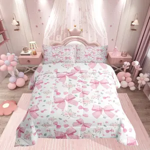 Pink Bowknot Comforter Set,Girls Bow Bedding Set,for Kids Boys Girls Cute Bowknot Duvet Quilt Dreamy Princess Style Bedroom Decor Kawaii Microfiber