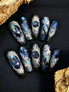 Celestial Galaxy Press On Nails | Moon Planet & Star Nail Art | Cosmic Luxury False Nails for Beaches, Summer, Holiday, Vacation, Birthday