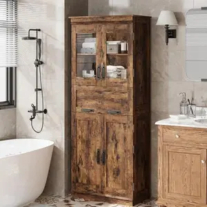 67" Tall Bathroom Cabinet with 4 Doors & Flip Glass Drawer, Storage Cabinet with Adjustable Shelves, Freestanding Organizer for Kitchen, Pantry, Living Room (Rustic Brown)