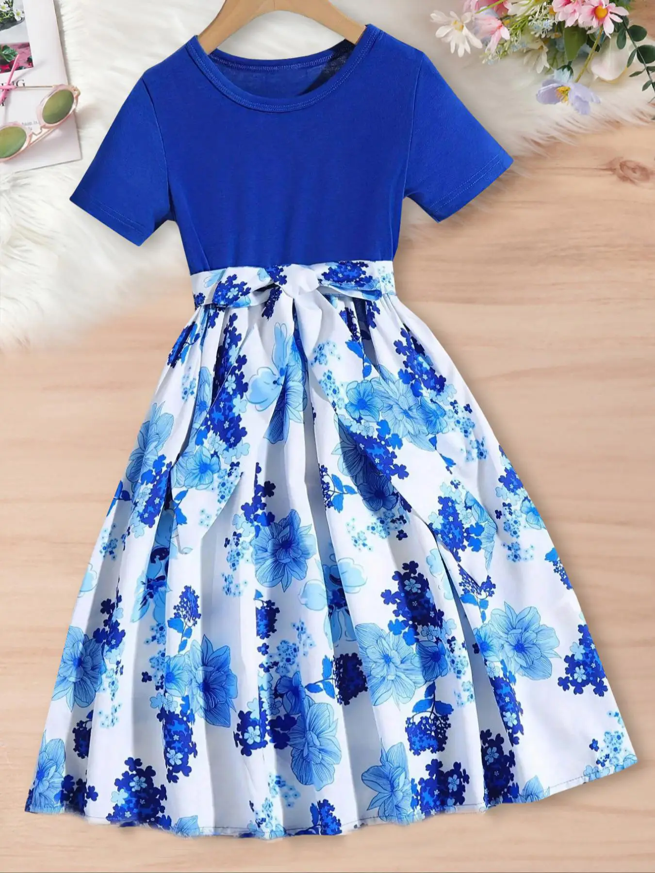 Girl's Floral Print Belted Dress, Casual Round Neck Dress for Summer, Kids Clothes for Daily Wear