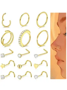 15 Pcs Cz Decorated Nose Rings, Stainless Steel Heart L Shape Body Piercing Jewelry, Unisex Fashion Accessories for Parties & Nightclubs, Spiral Nose Ring