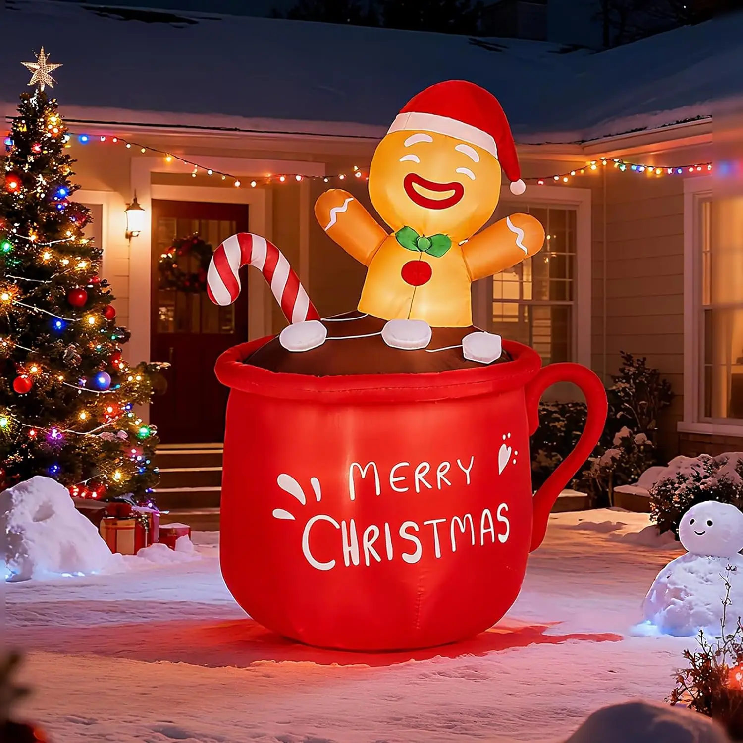 6.5 FT Christmas Inflatables Outdoor Decorations, Cute Christmas Blow Up Yard Decorations Gingerbread Man in Mug Scene for Garden Lawn Xmas Decor