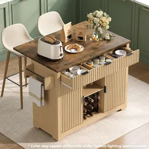 Vabches Kitchen Island with Drop Leaf, Rolling Kitchen Island on Wheels with Storage Cabinets,50" Fluted Island Table with Wine Rack, 3 Drawers, and Towel Rack for Kitchen, Dining Room, Natural