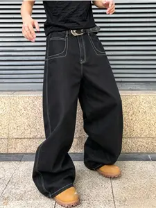 American Workwear Style Denim Capri Pants, Large Pocket Design, Loose Wide-Leg, Slimming, Trendy and Versatile