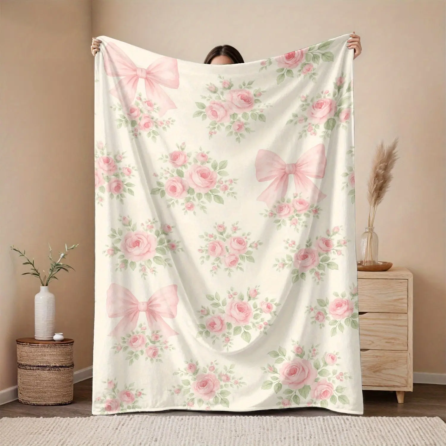 Large Throw Blanket, Pink Rose, Pink Bow, Green Leaf Art Print, Adorable Afghan Style Fluffy Blanket, Warm Bedding, Sofa Textile Throw, Throw Blankets, Fluffy Blankets