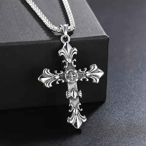 Antique Silver Stainless Steel Cross Necklace - 1 Pcs Elegant Fashion Female Jewelry with Gift Box, Stylish Vintage-Edge Accessory for Casual & Party Occasions