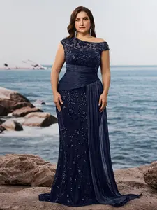 Elegant Long Fitted Dress for Women, Floral Sequined Mesh Patchwork, Asymmetric Neckline, Waist Binding, Ruffled Hem, High-Fashion Formal Evening Gown, Asymmetrical, Womenswear