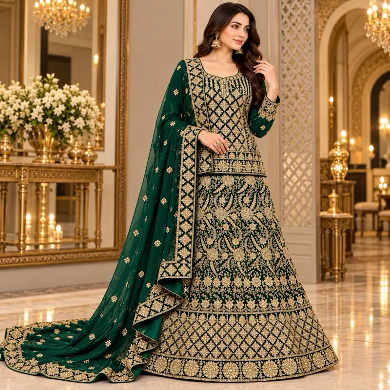 Bridal Green Velvet Lehenga Choli Skirt Clothes - Embellished with Embroidery, Threadwork, Zari, Zircon and Can-Can Fashion Dress