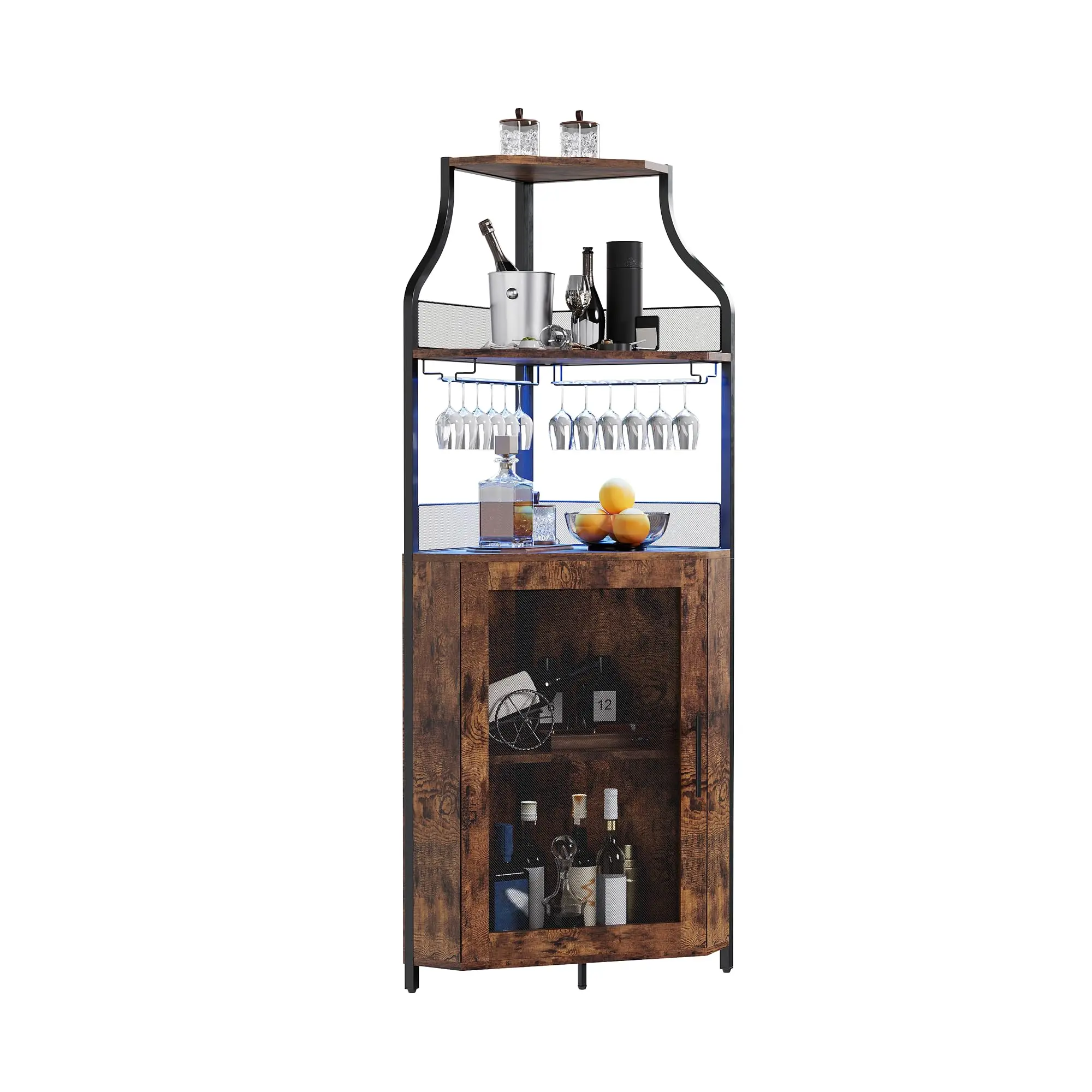 Garvee Corner Sideboard 154 cm for Bar – Glass Holder, Mesh Door, and Adjustable Shelves – Industrial 5-Tier Furniture for Kitchen and Living Room