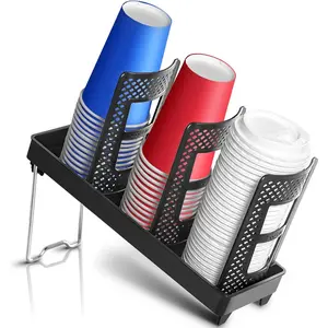 Paper Cup and Lid Holder, Disposable Coffee Cup Dispenser, 3-Slot Upright Paper Cup Dispenser for Coffee Stations, Kitchens, Bars, Restaurants, Lounges (Black)