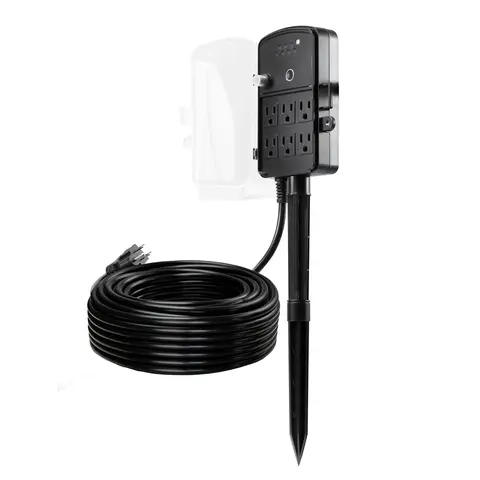 VEVOR Outdoor Handheld Power Stake Accessory - 100FT Wired Plug-in Extension Cord, Weatherproof Power Strip with Cover, 2-mode Timing Remote Switch, 6 Plugs, 1625W/13A Overload Guard, for Christmas Lights, Garden Devices