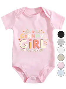 Grammy's Girl Baby Girl Bodysuit, Pastel Bubble Letter Floral Wreath Print Short Sleeve 100% Cotton Newborn Infant Romper Onesie