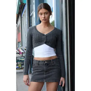 John Galt Women's Gray Cable Knit Cropped Cardigan