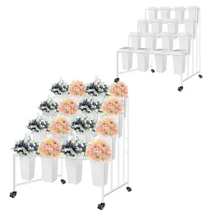 Flower Display Stand with 16 Square Buckets, 4-Layers Flower Cart with Lockable Wheels, Heavy Duty Iron Plant Cart for Indoor Outdoor Garden Wedding, 31"(D)*40"(L)*45"(H), White