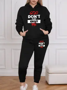 Women's Plus Size Hoodie Set, God Don't Play About Me Letter Print, Fashion Casual Streetwear Long Sleeve Sweatshirt & Pants Two-Piece