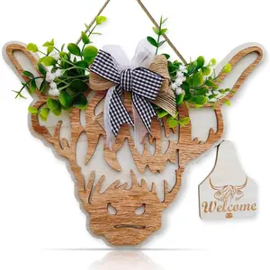 Highland Cow  Wreath Wooden Sign (11.8x9.6 inch), Outdoor Cow Welcome Door Hanger Sign,  with Bow and Artificial Leaves Hanger for Front Door Porch  Decor