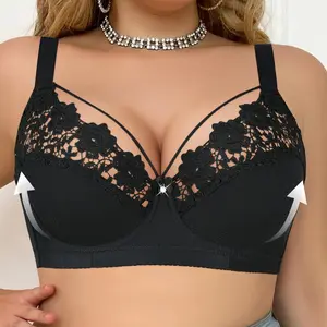 Mimilemon Plus Size No Padding Push-Up Lace Bra for Big Busts Lift Breathable Comfort Sexy Black Lingerie Adjustable Straps Womenswear Everyday fantasy bra fit big  bust plus  size