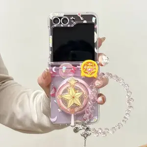 zflip7 case with Magical Girl Wand Magnetic Stand  case For Samsung Z Flip 7 6 5 with Crystal Lanyard Hinge Protective Cover